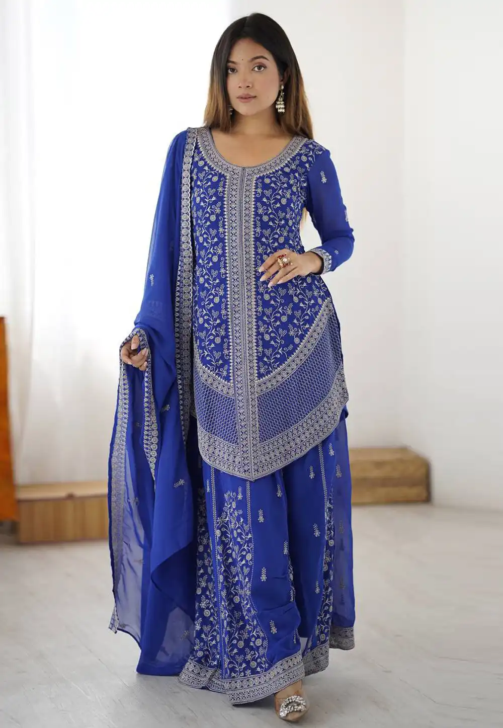 Blue Faux Georgette Readymade Palazzo Suit 329642