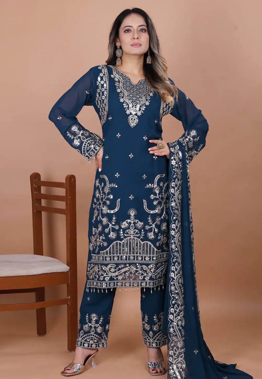 Blue Faux Georgette Readymade Pant Style Suit 314723