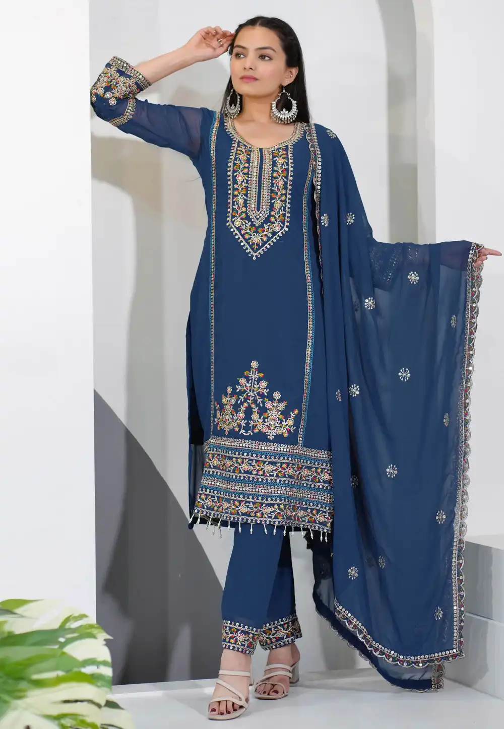 Blue Faux Georgette Readymade Pant Style Suit 316406