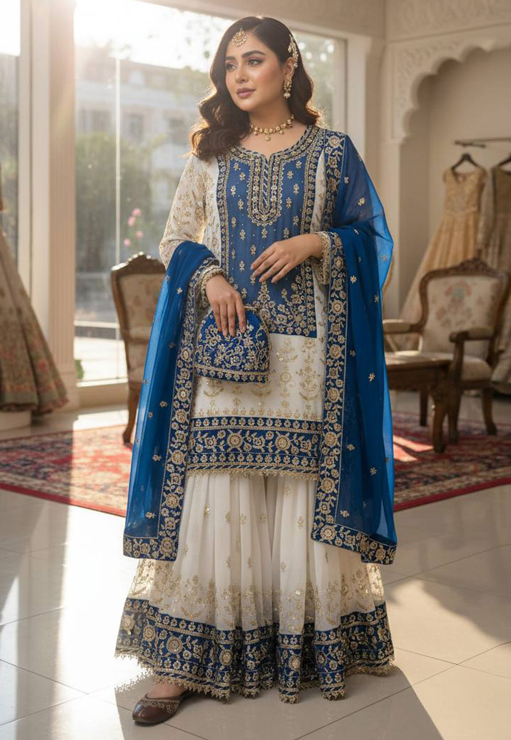 Blue Faux Georgette Readymade Sharara Suit 329726