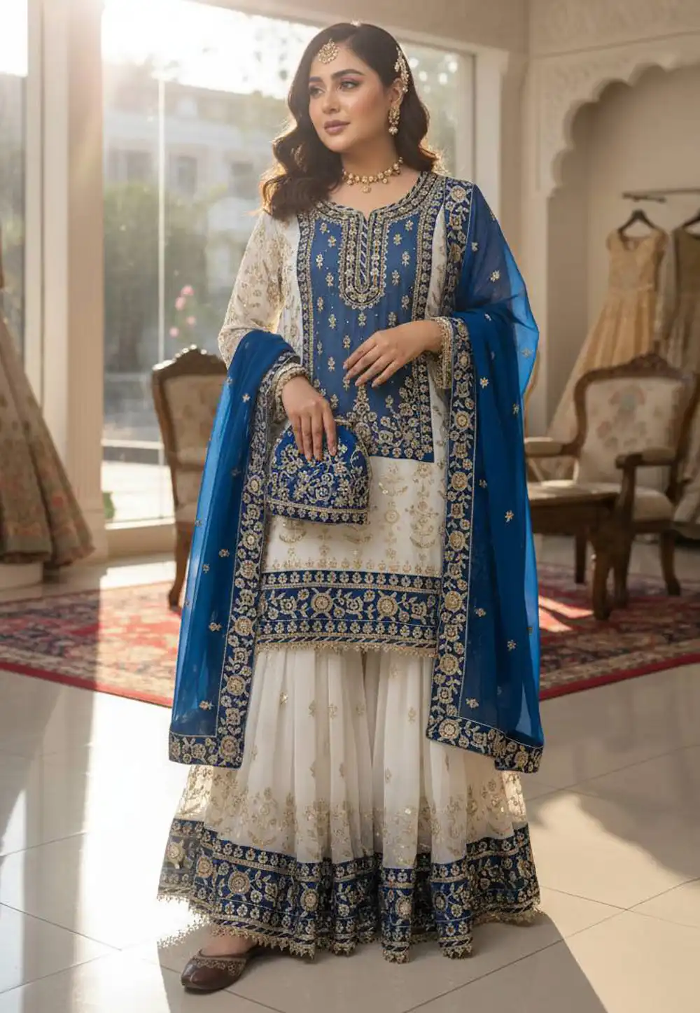 Blue Faux Georgette Readymade Sharara Suit 329726