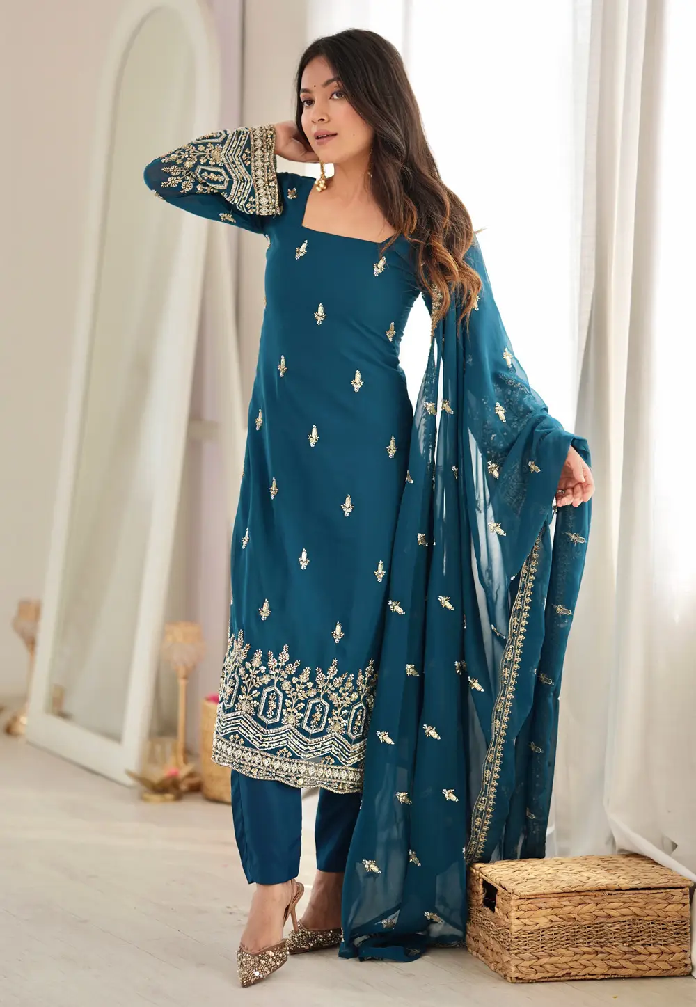 Blue Faux Georgette Readymade Straight Suit 335512