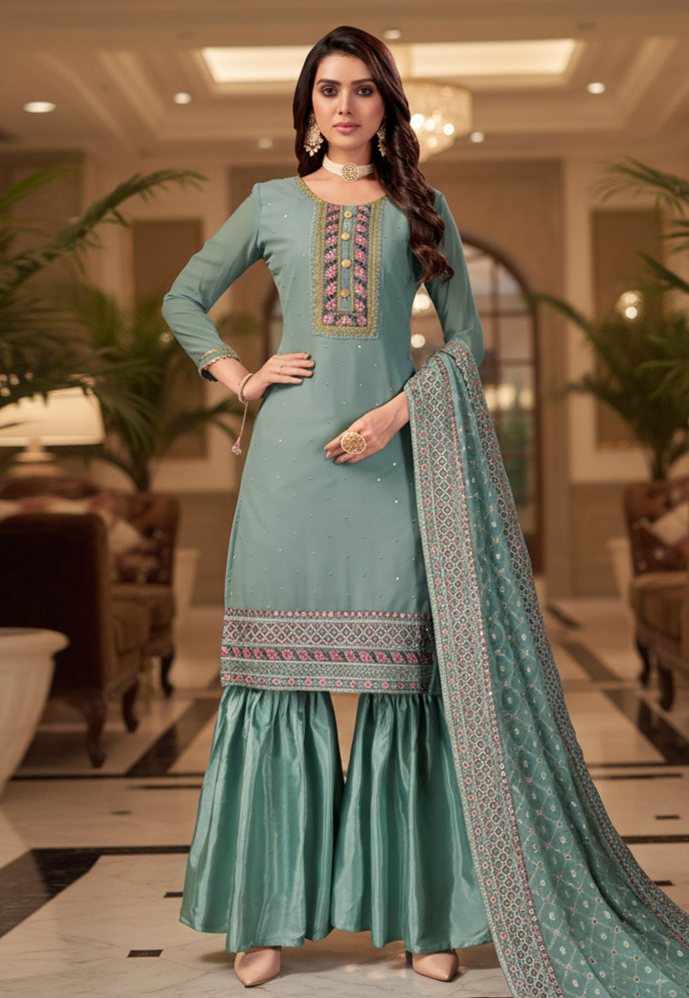 Blue Faux Georgette Sharara Suit 328266