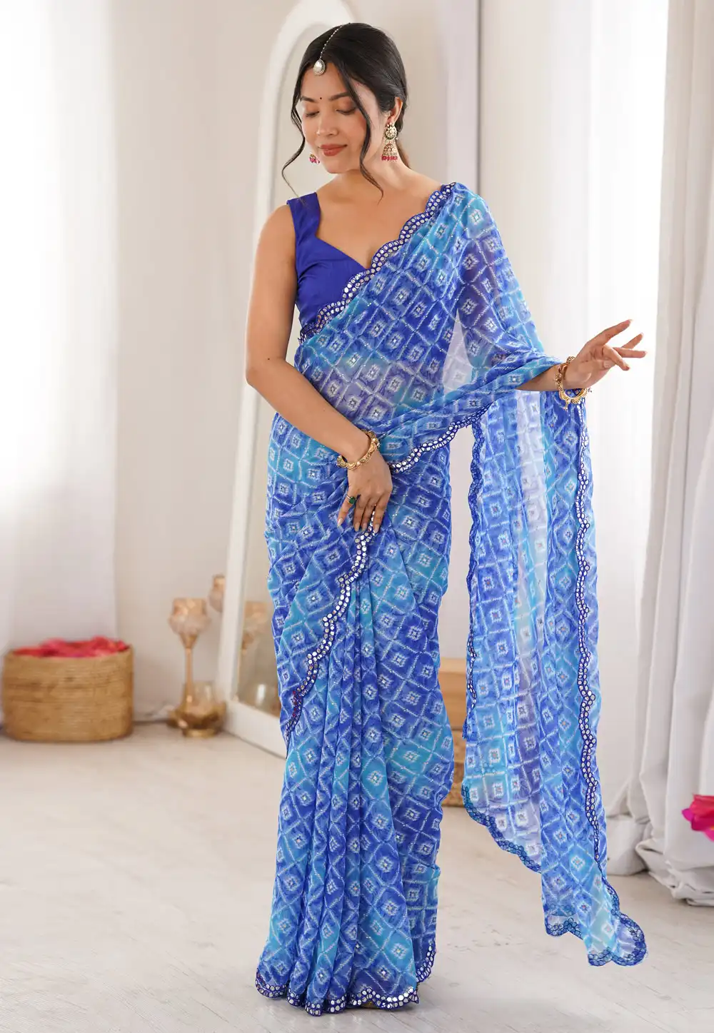 Blue Georgette Bandhani Print Saree 328031