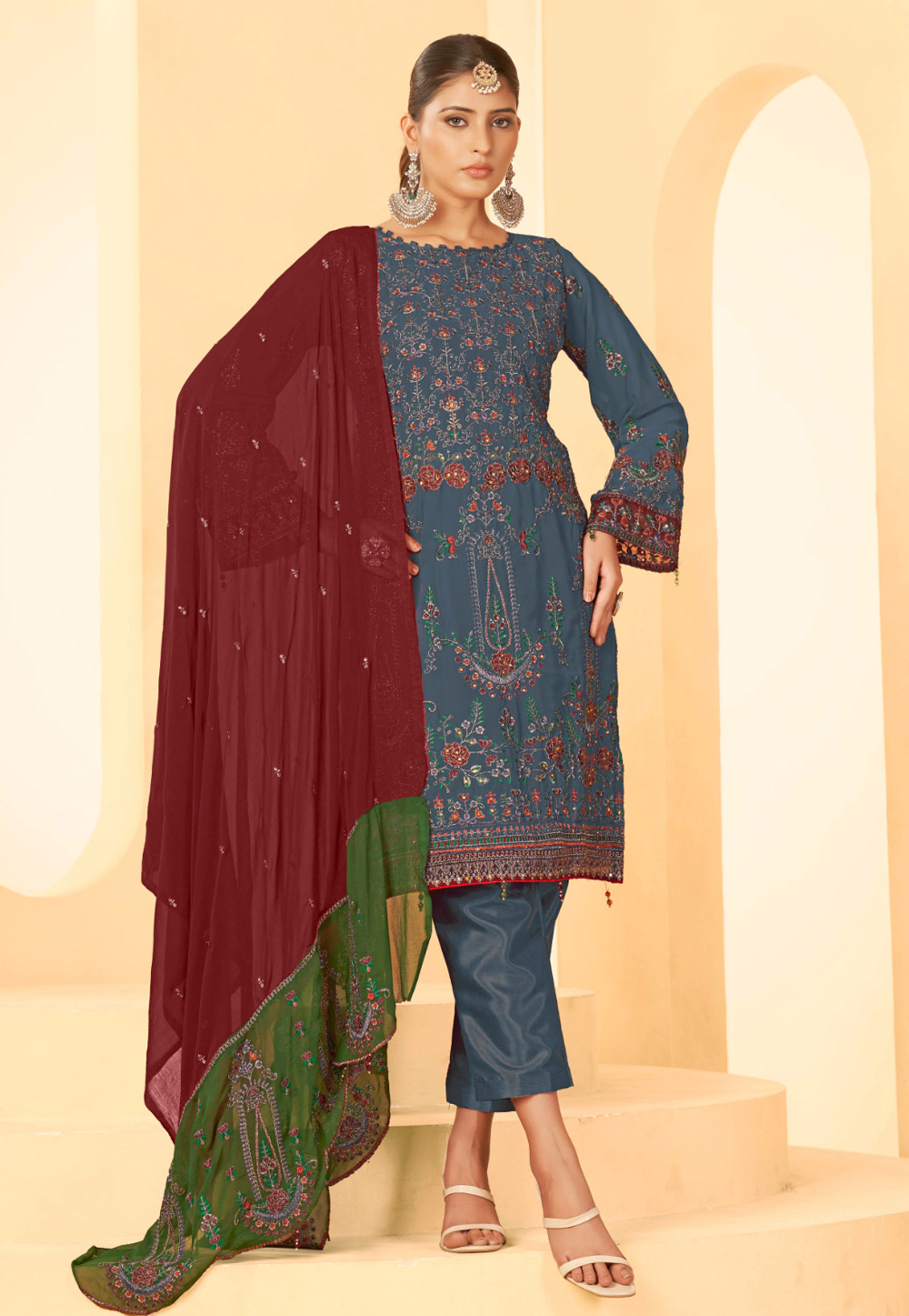Blue Georgette Pant Style Suit 282396