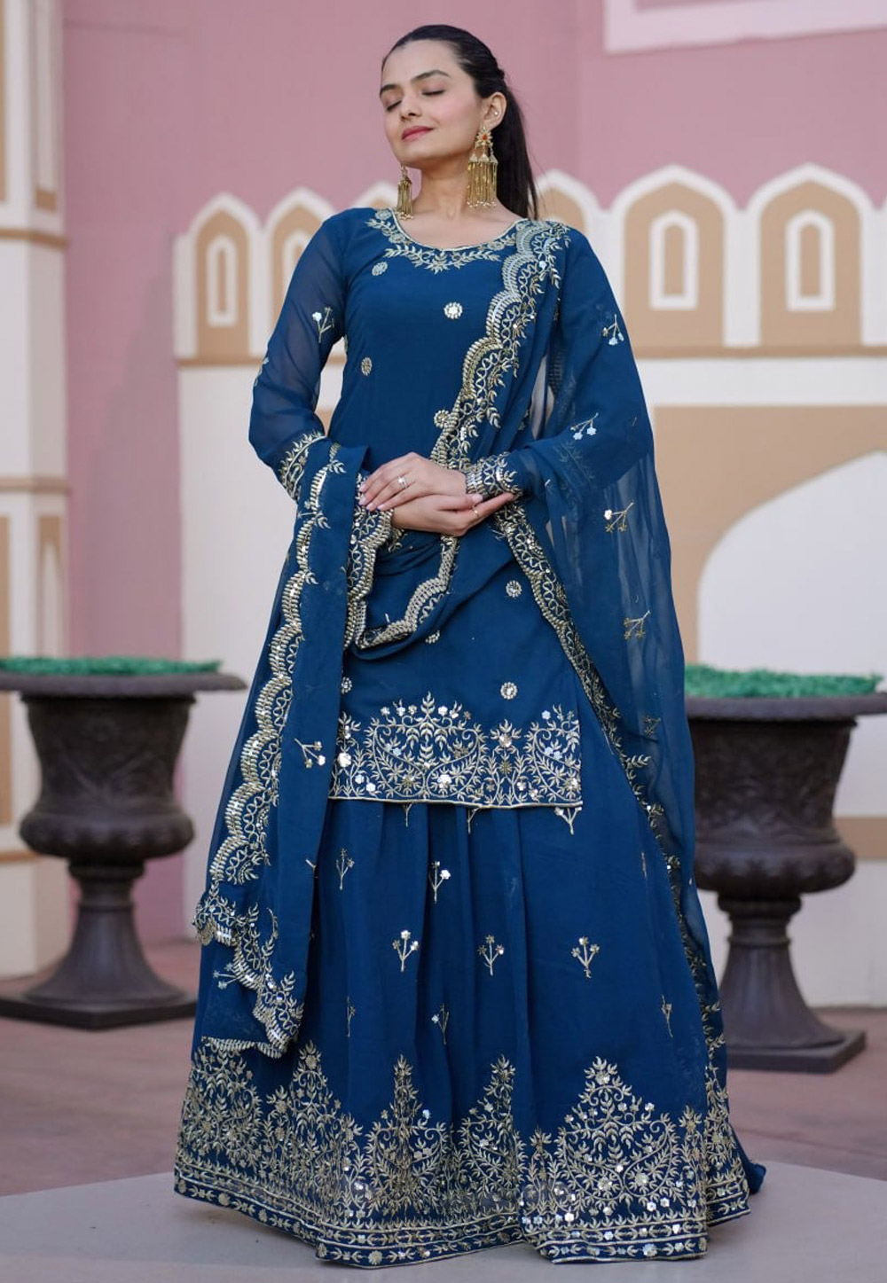Blue Georgette Readymade Indo Western Lehenga Choli 308838