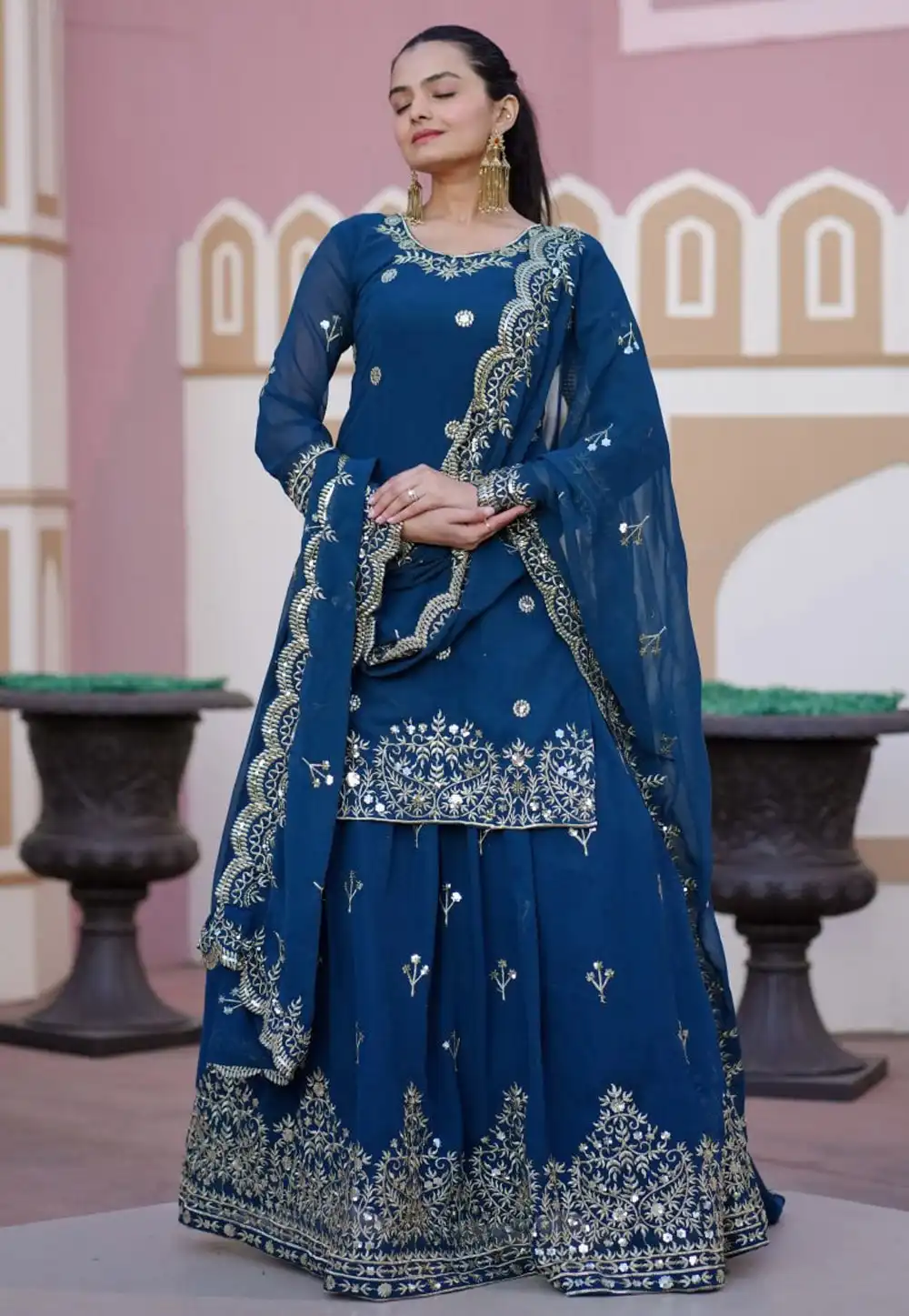 Blue Georgette Readymade Indo Western Lehenga Choli 308838