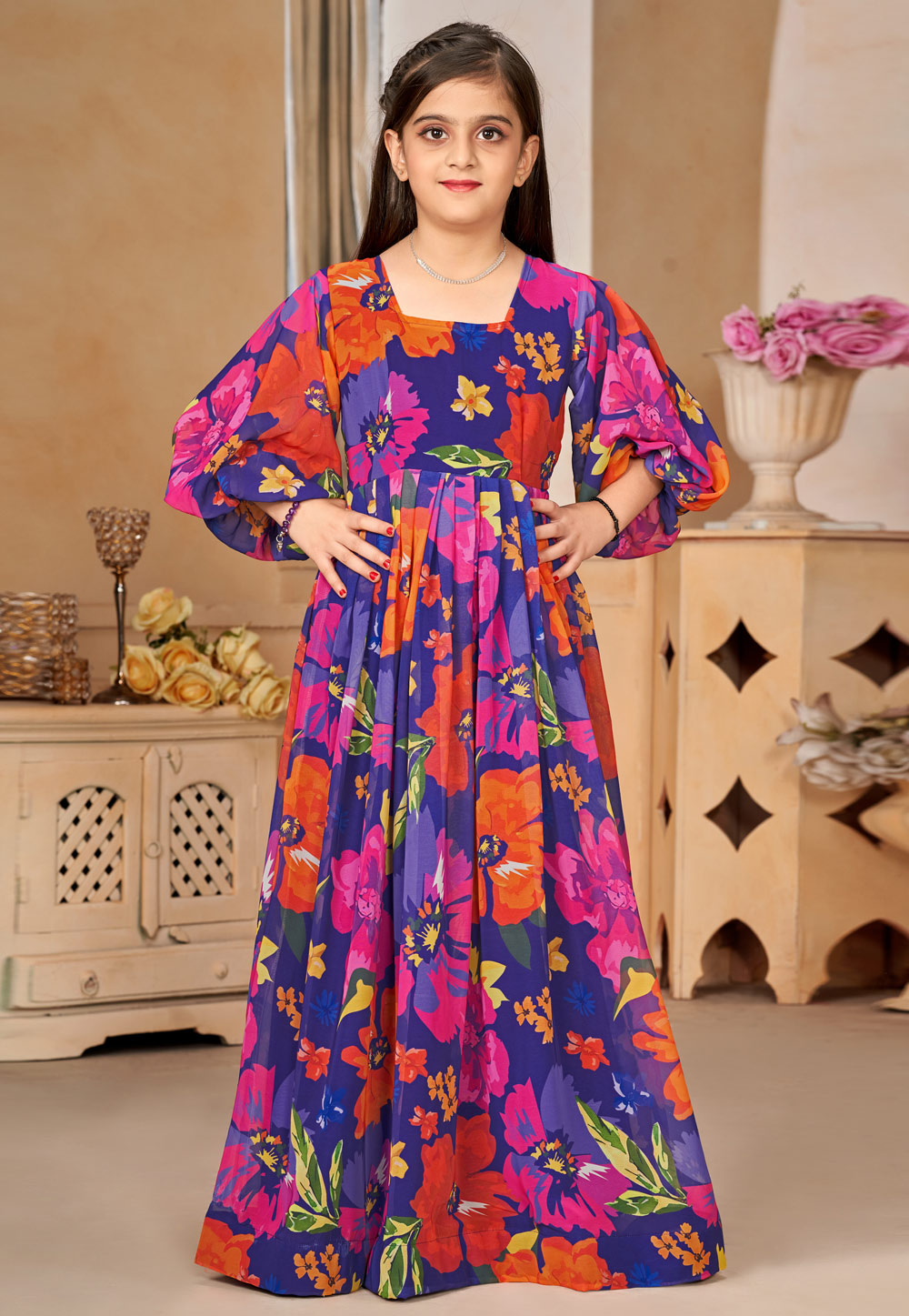 Blue Georgette Readymade Kids Gown 283864