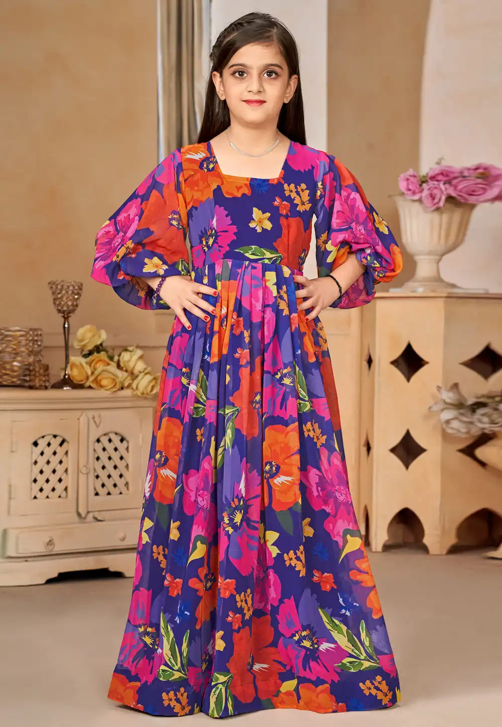 Blue Georgette Readymade Kids Gown 283864