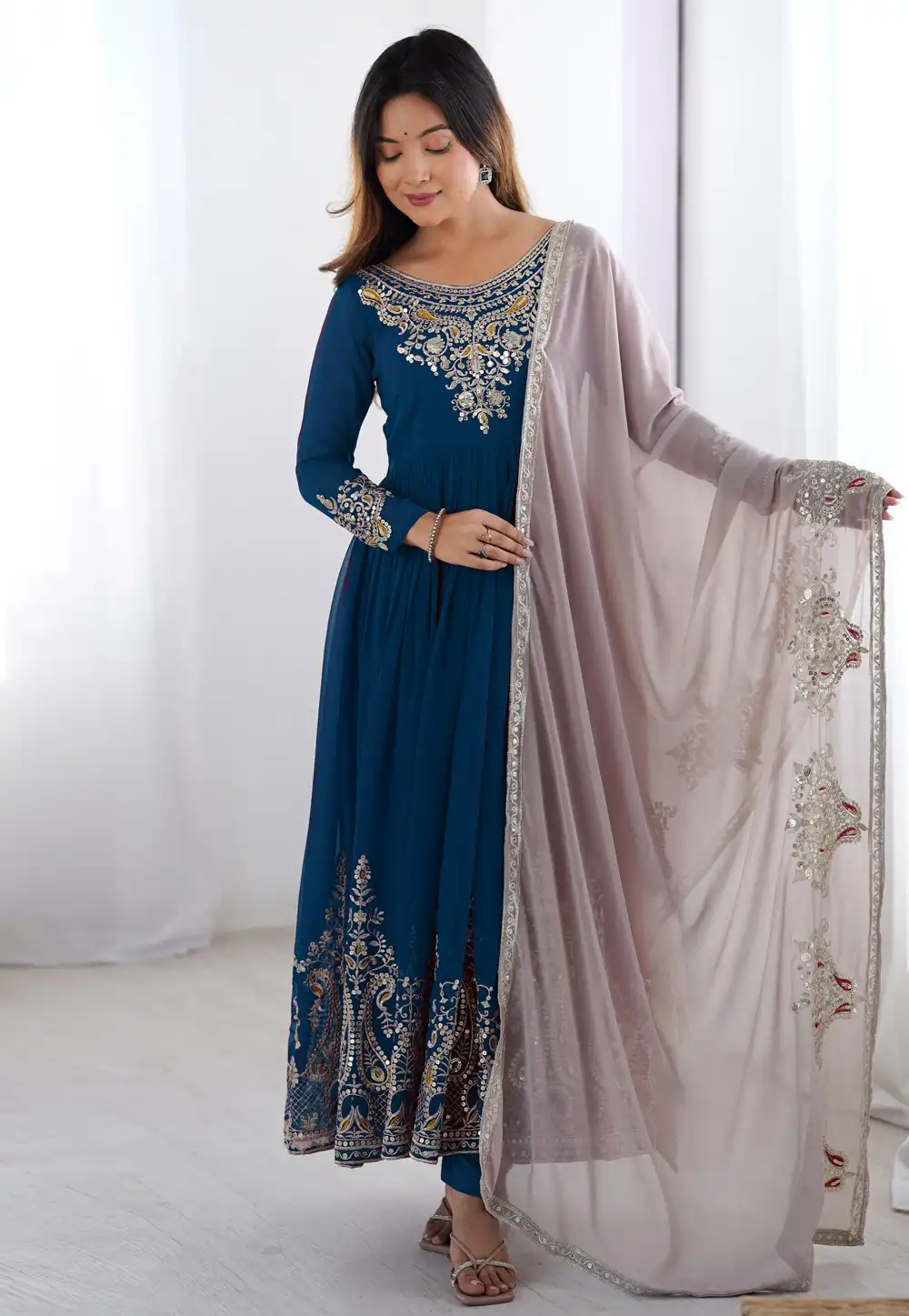 Blue Georgette Readymade Long Anarkali Suit 314524
