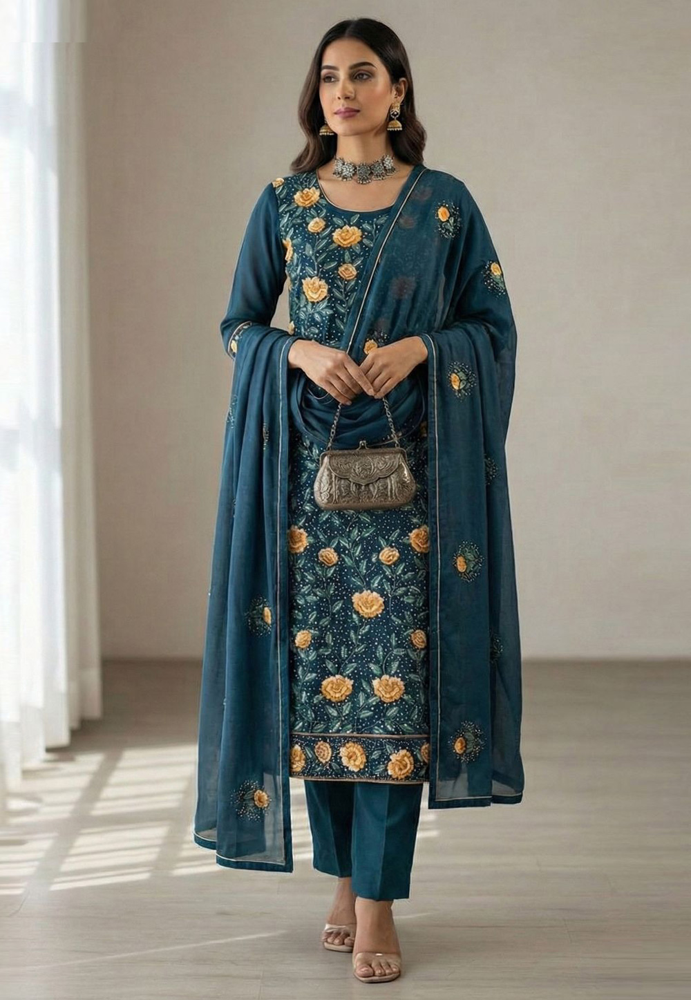 Blue Georgette Readymade Straight Suit 322966