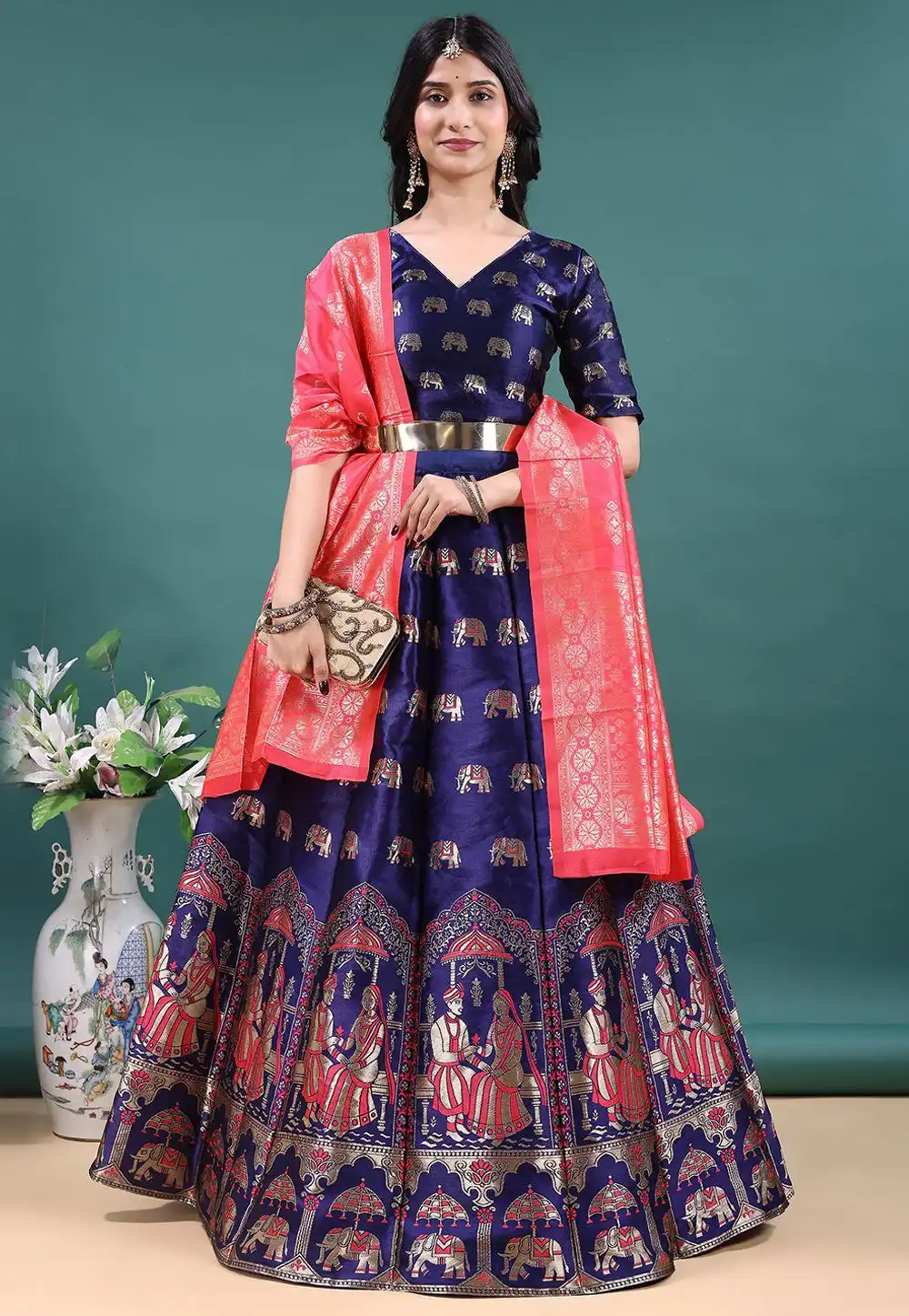 Blue Jacquard Circular Lehenga Choli 328666