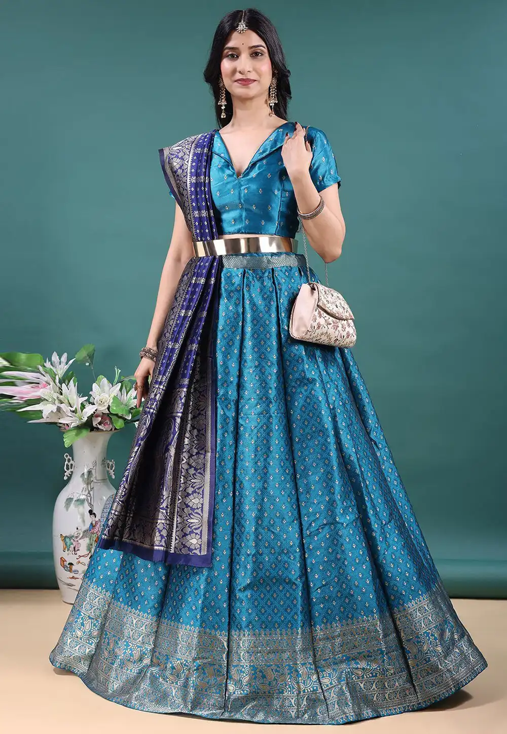 Blue Jacquard Circular Lehenga Choli 328668