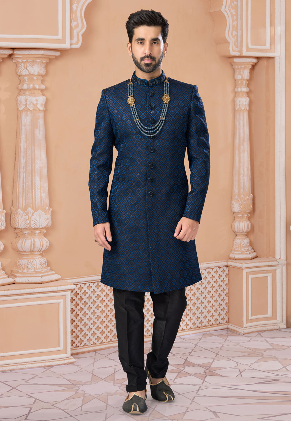 Blue Jacquard Indo Western Sherwani 282258