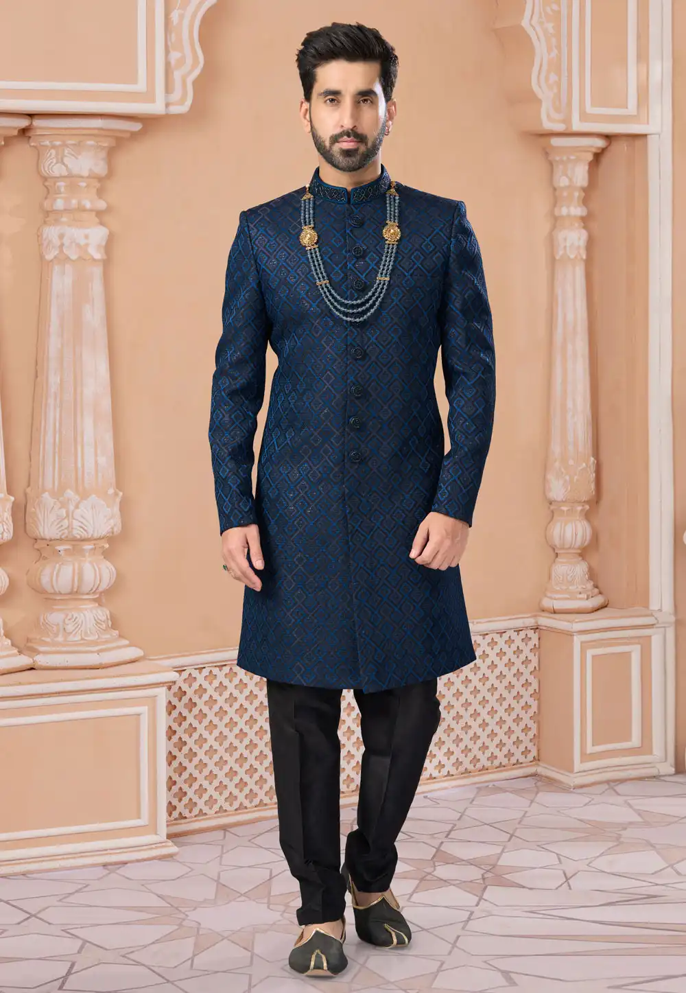 Blue Jacquard Indo Western Sherwani 282258