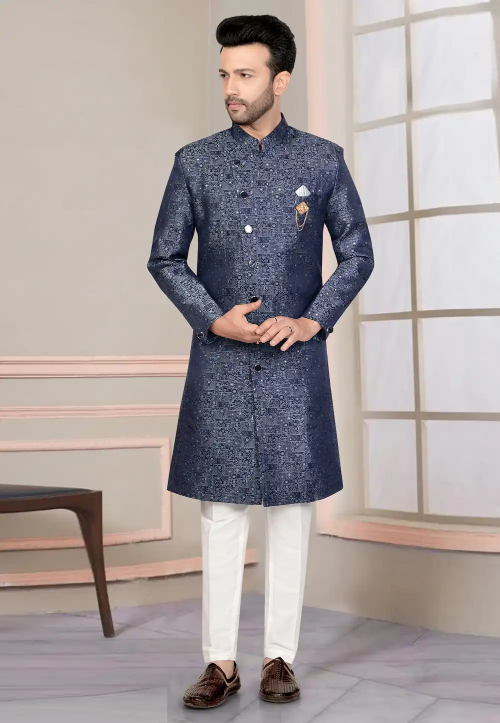 Blue Jacquard Indo Western Suit 316121