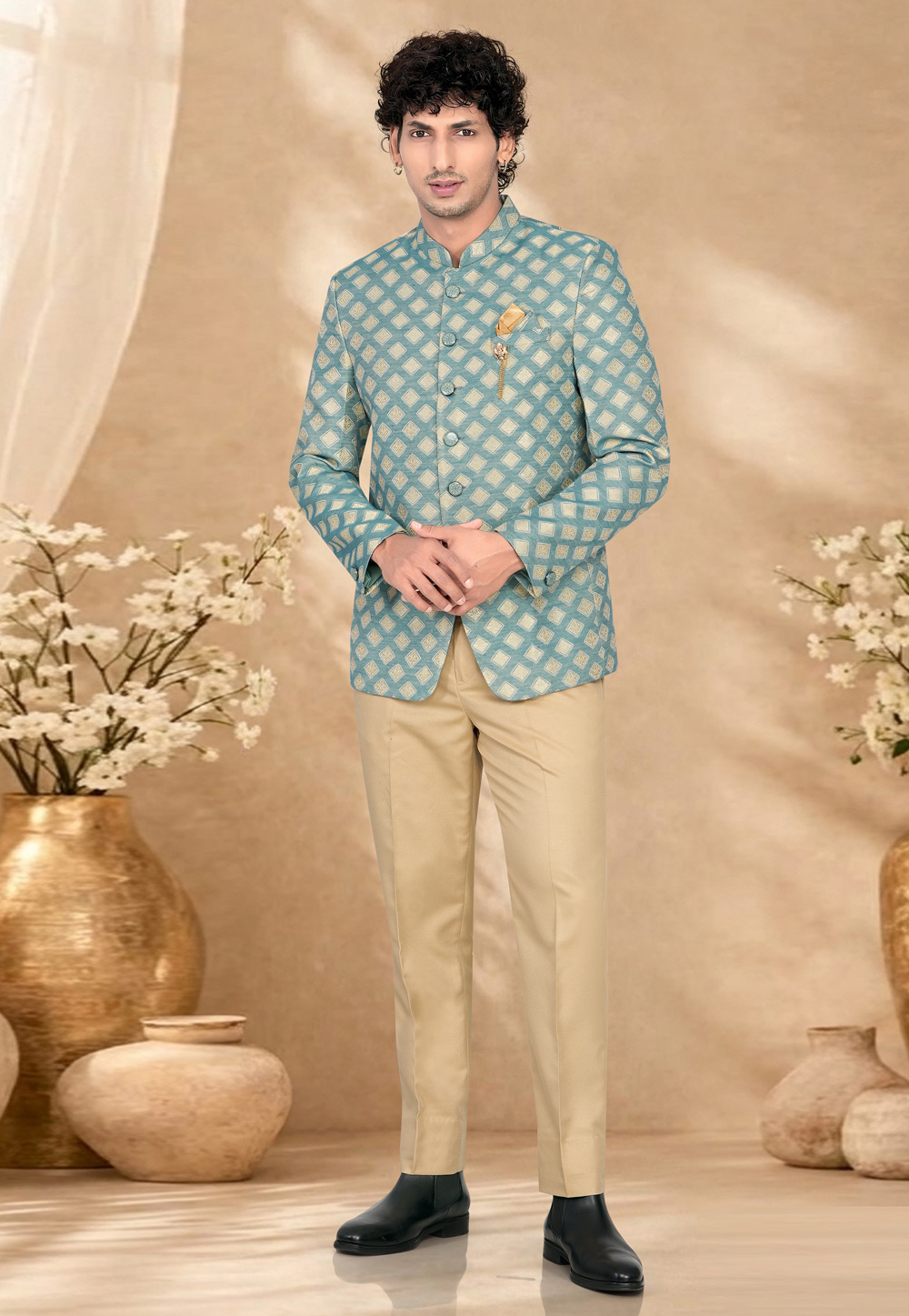 Blue Jacquard Jodhpuri Suit 328453