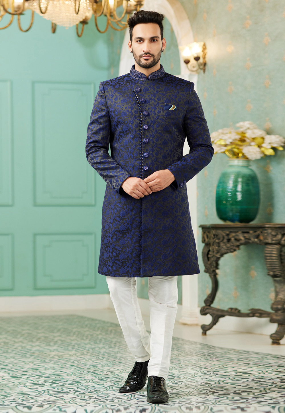 Blue Jacquard Silk Indo Western Sherwani 278303