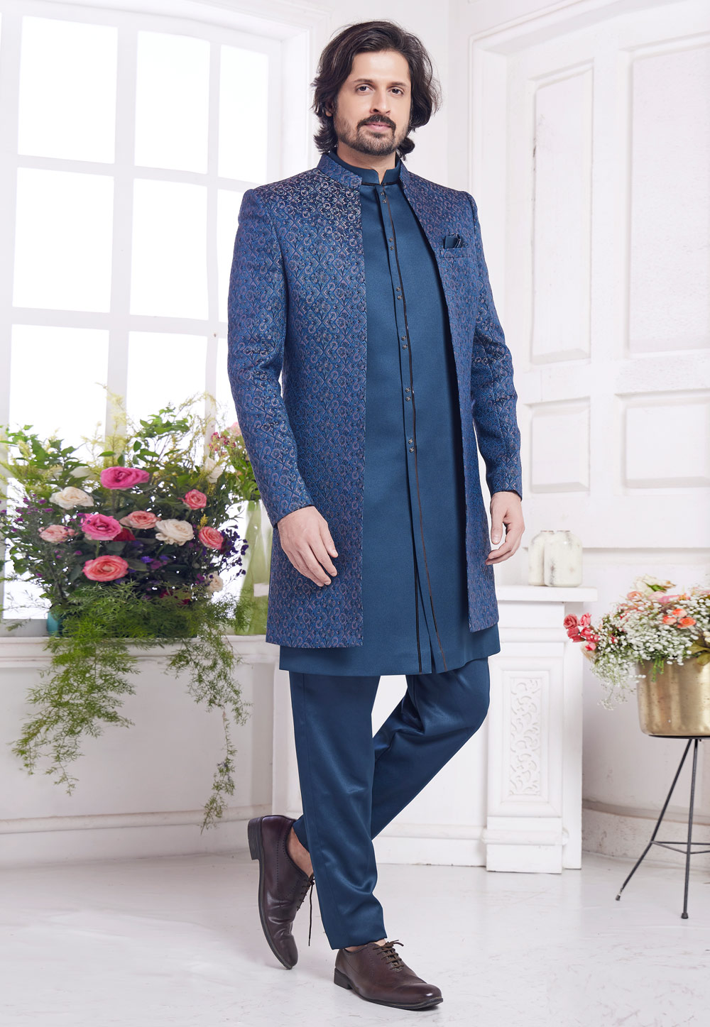 Blue Jacquard Silk Jacket Style Sherwani 308611
