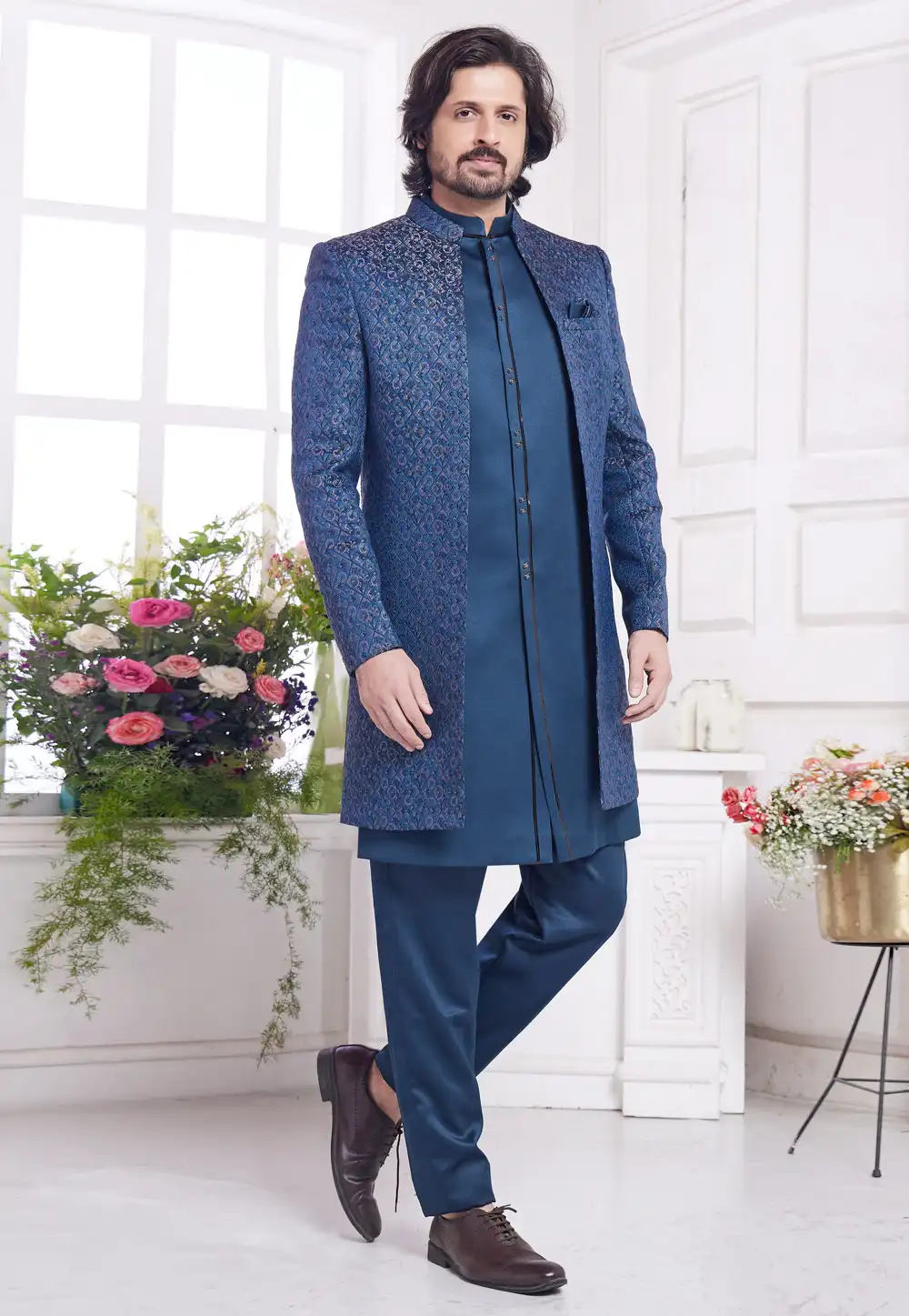 Blue Jacquard Silk Jacket Style Sherwani 308611