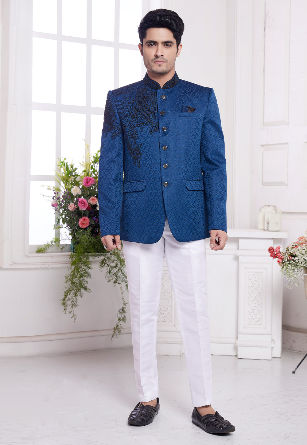 Blue Jacquard Silk Jodhpuri Suit 308616