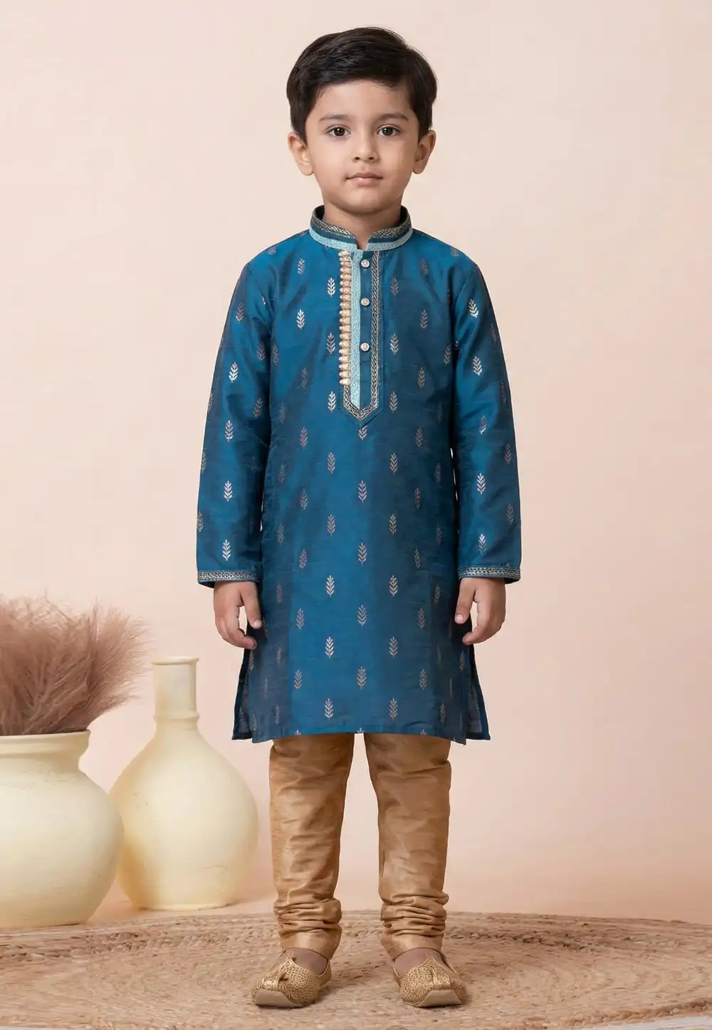 Blue Jacquard Silk Kids Kurta Pajama 322267