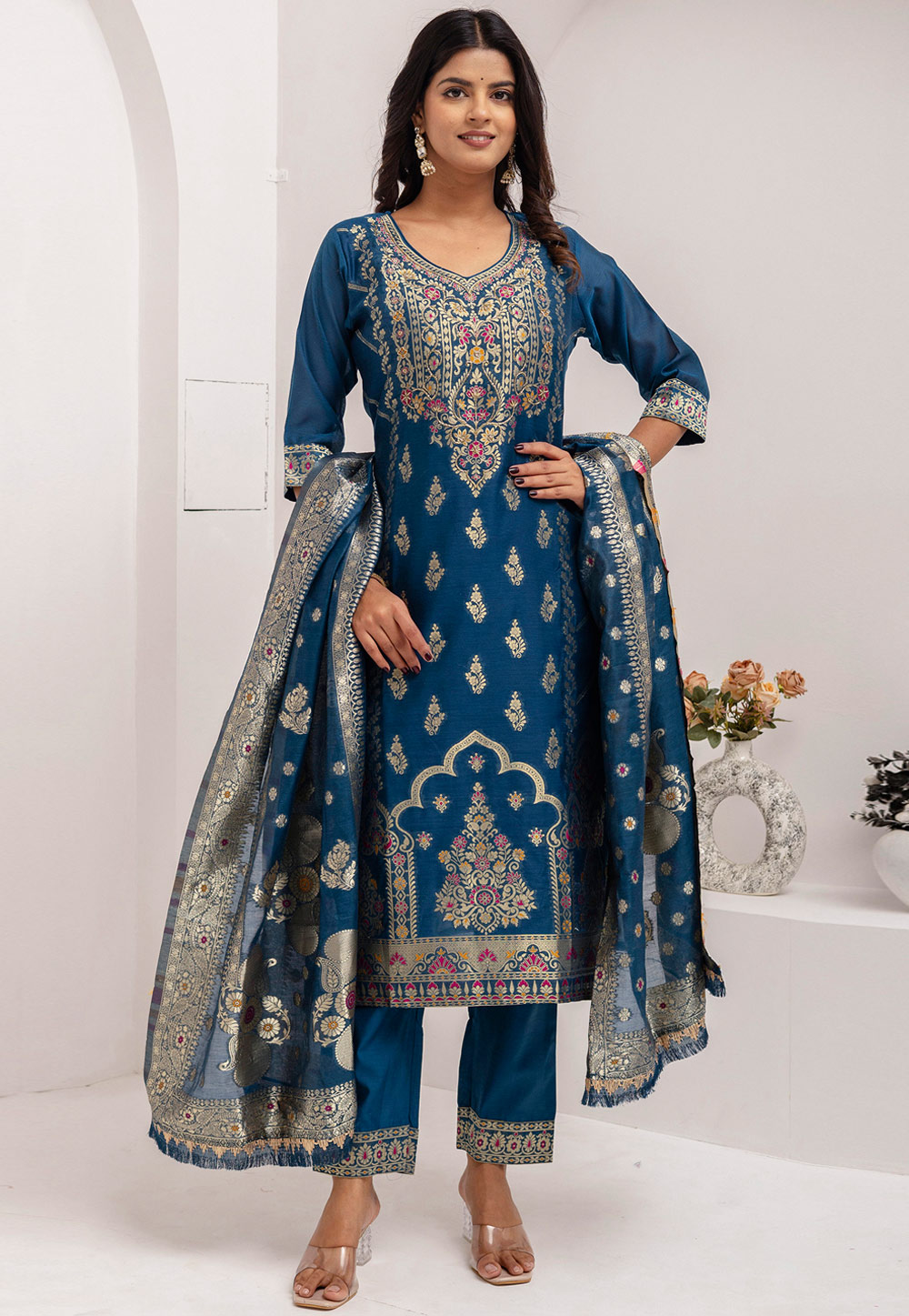 Blue Jacquard Silk Readymade Pant Style Suit 308713