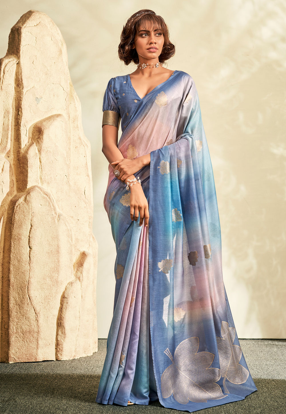 Blue Khadi Saree With Blouse 283827