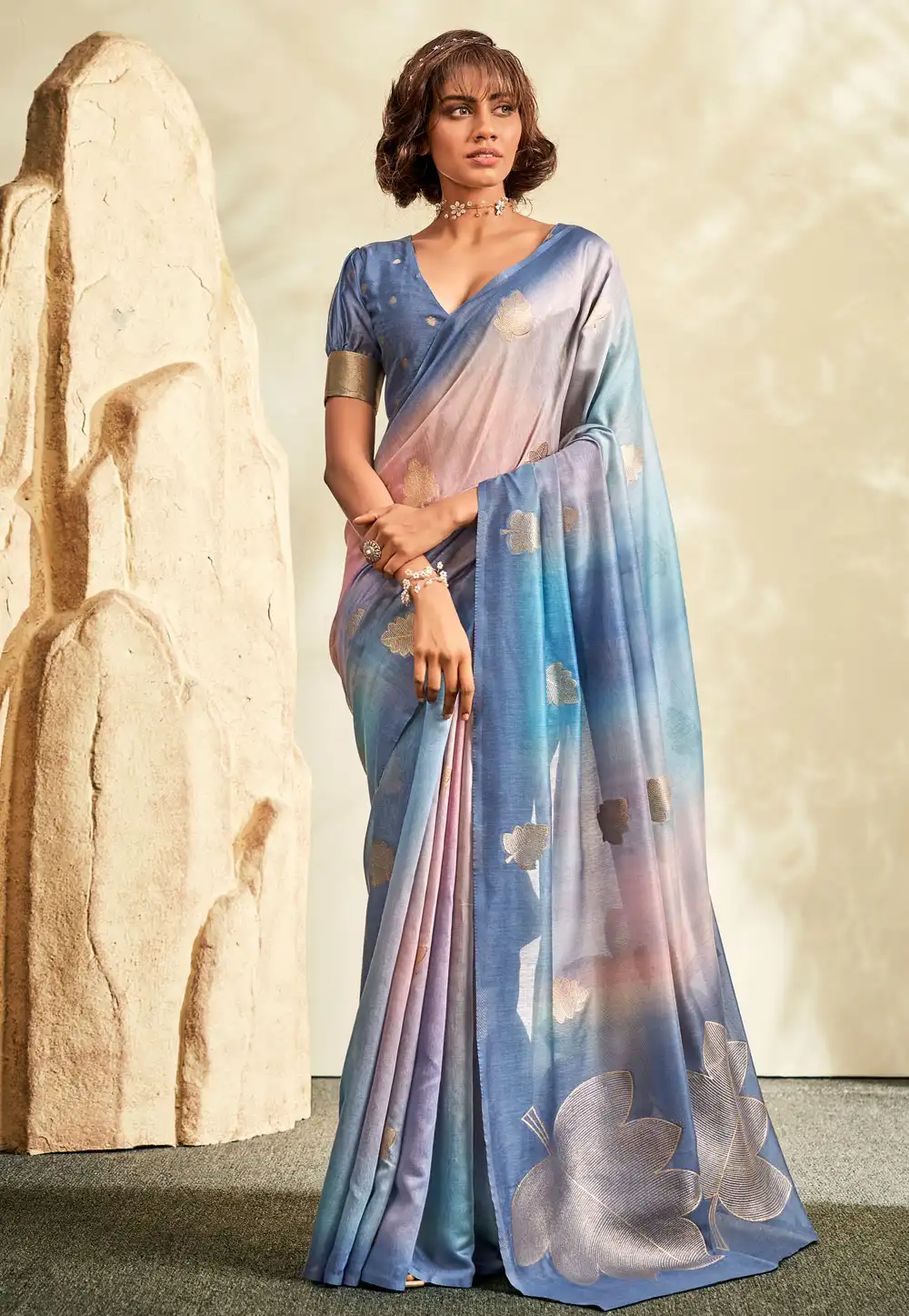 Blue Khadi Saree With Blouse 283827