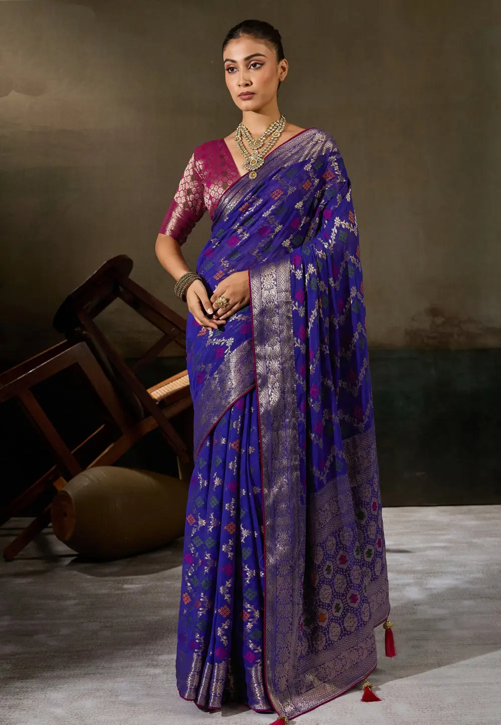 Blue Khadi Saree With Blouse 335583