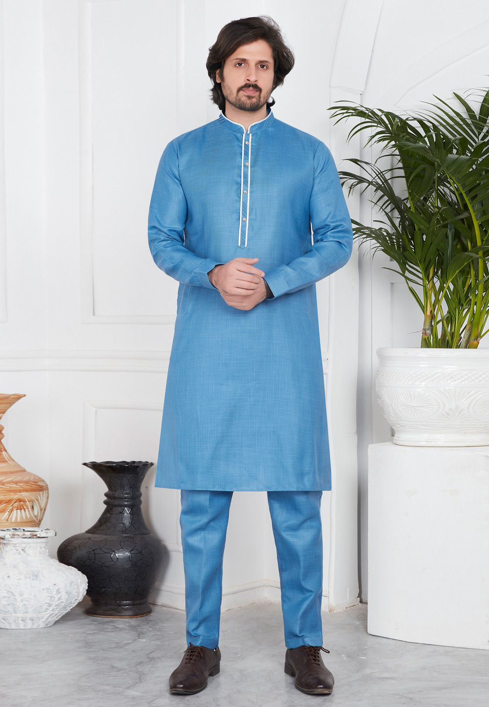 Blue Linen Kurta Pajama 283370