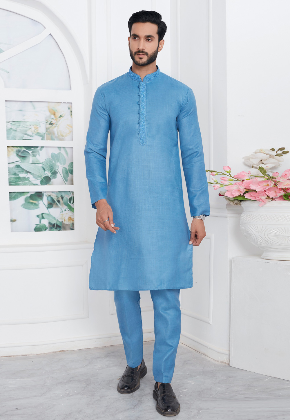 Blue Linen Kurta Pajama 283351