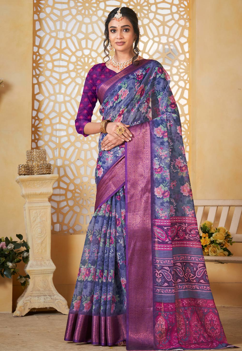 Blue Linen Saree With Blouse 307704