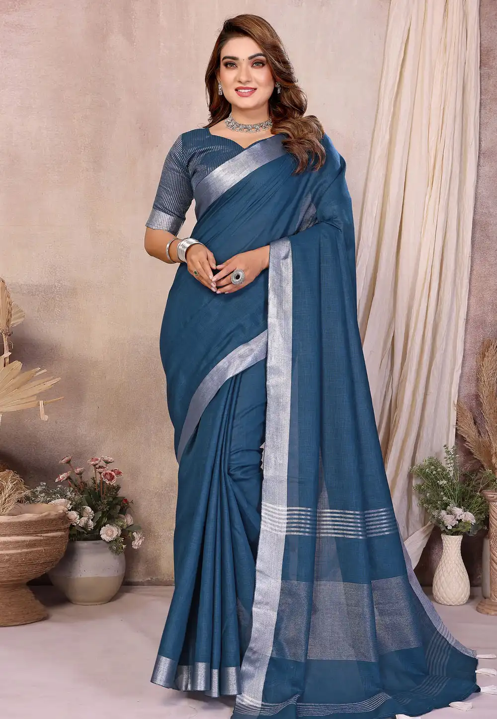 Blue Linen Saree With Blouse 319830