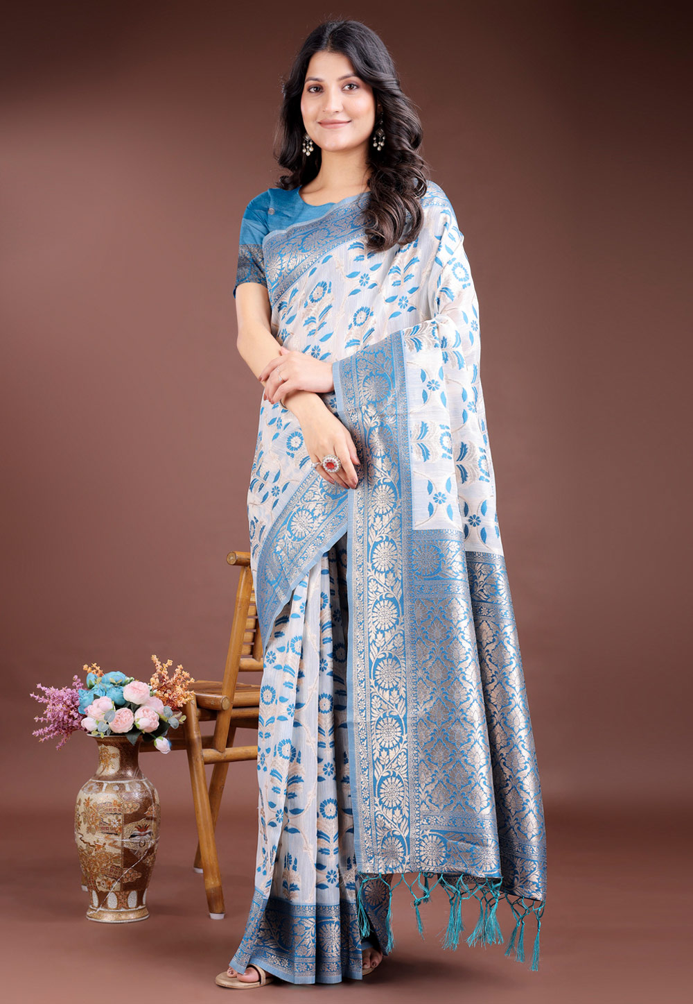 Blue Linen Saree With Blouse 311784