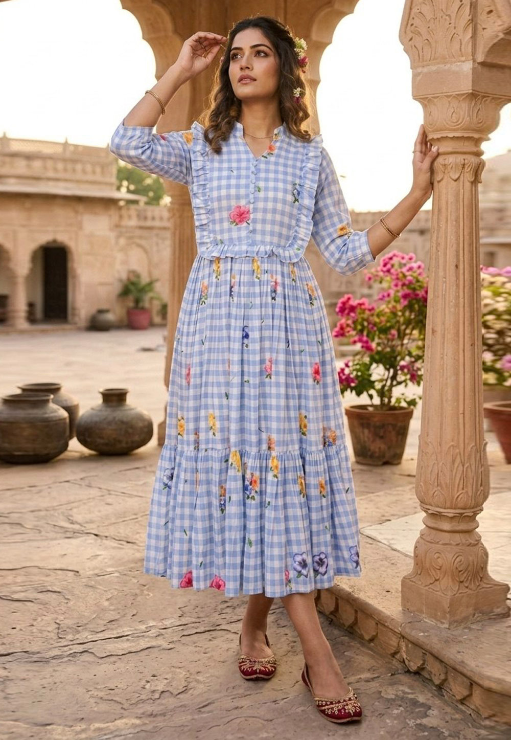 Blue Muslin Printed Gown 328252