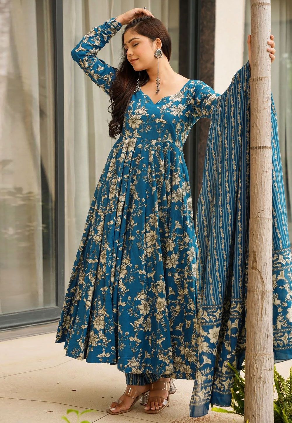 Blue Muslin Readymade Anarkali Suit 324746