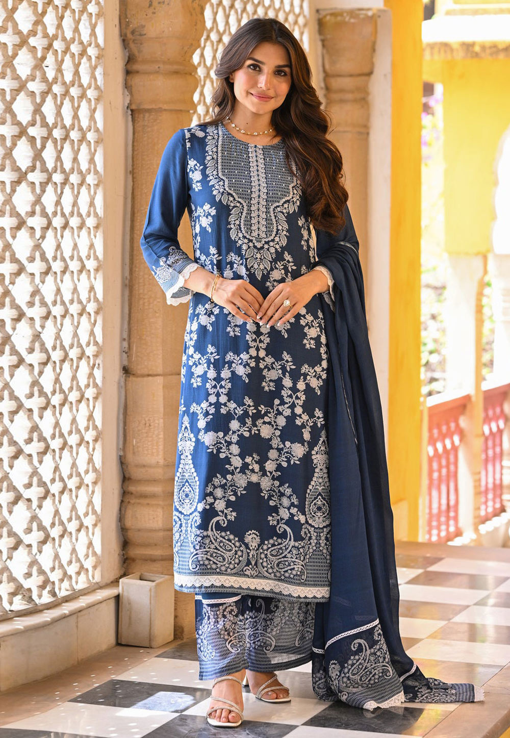 Blue Muslin Readymade Palazzo Suit 324044