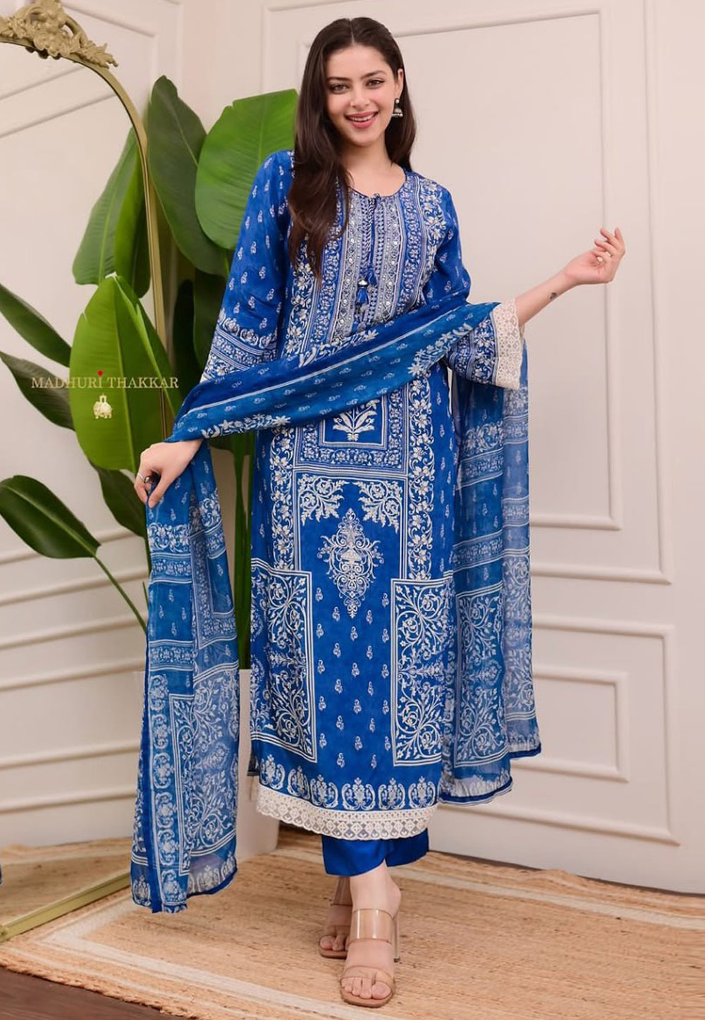 Blue Muslin Readymade Pant Style Suit 308460