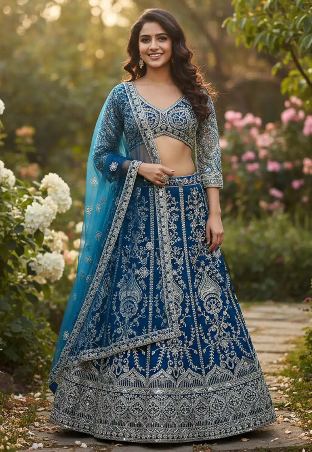 Blue Net A Line Lehenga Choli 317095