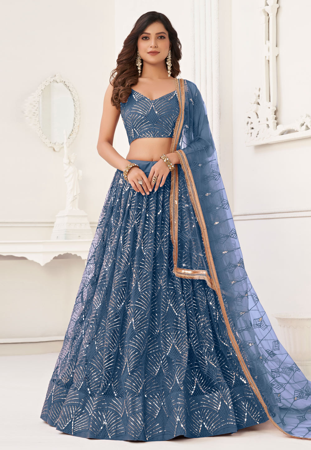 Blue Net Circular Lehenga Choli 280735