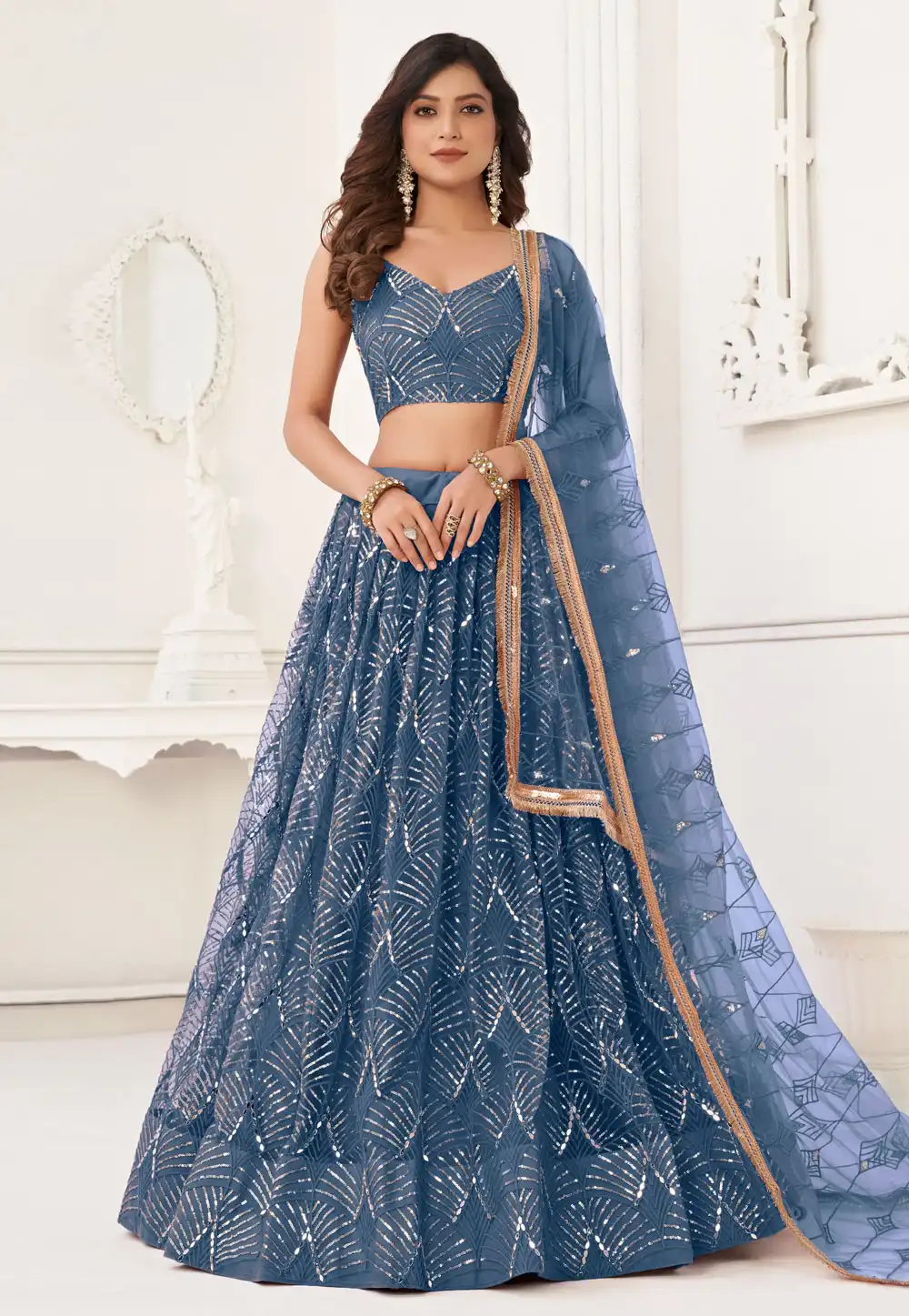 Blue Net Circular Lehenga Choli 280735