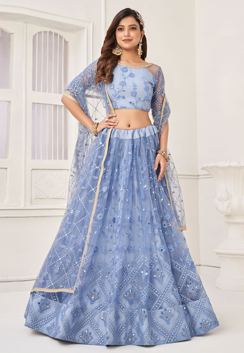 Blue Net Circular Lehenga Choli 278673