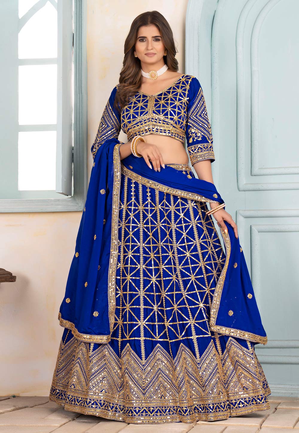 Blue Net Circular Lehenga Choli 319172