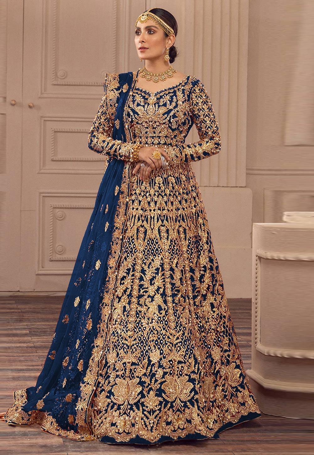 Blue Net Embroidered Long Anarkali Suit 311659