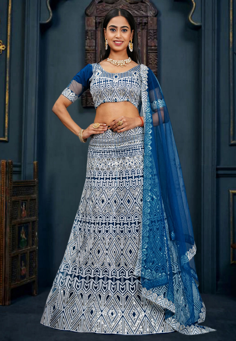 Blue Net Lehenga Choli 287587