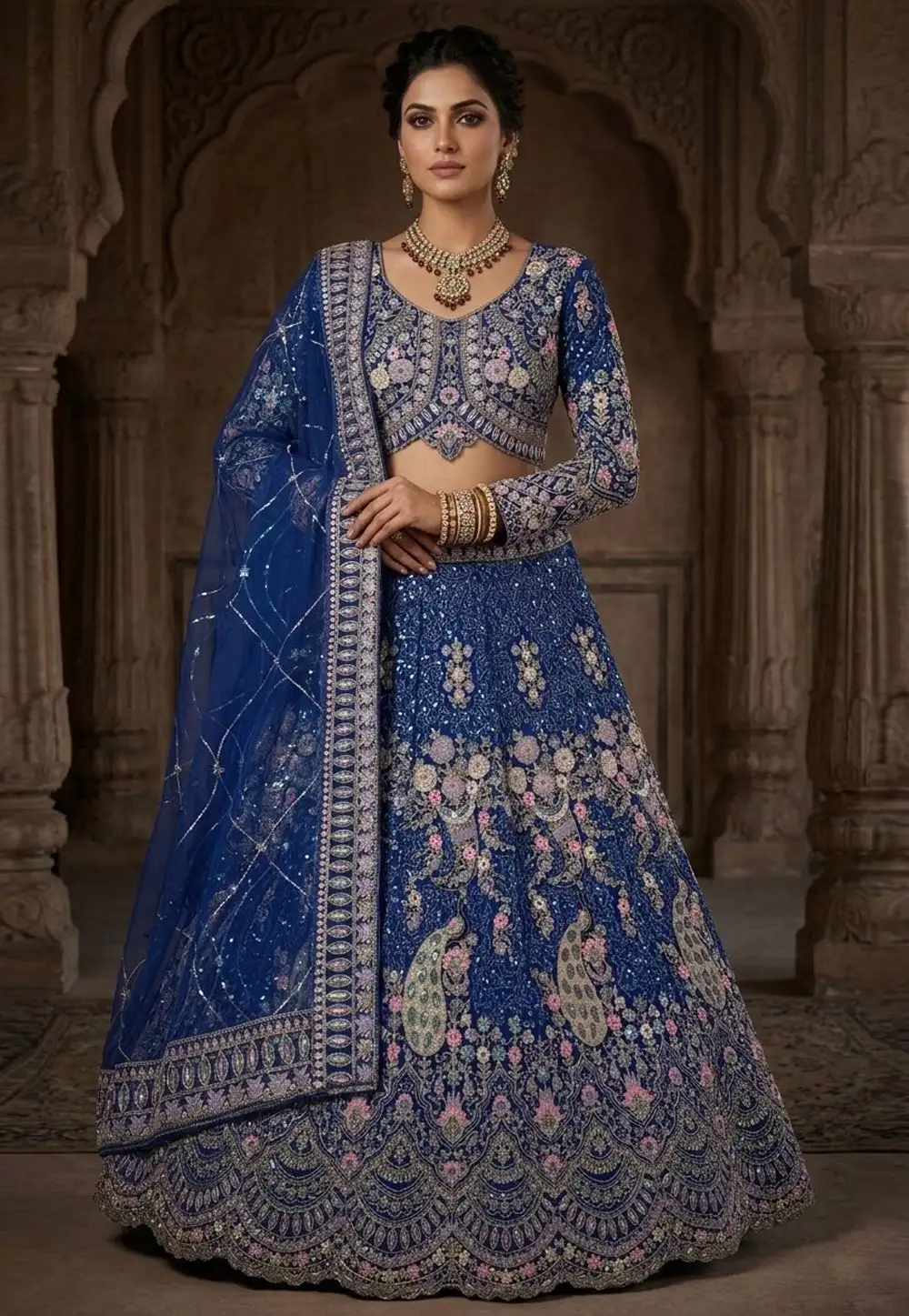 Blue Net Lehenga Choli For Wedding 330925