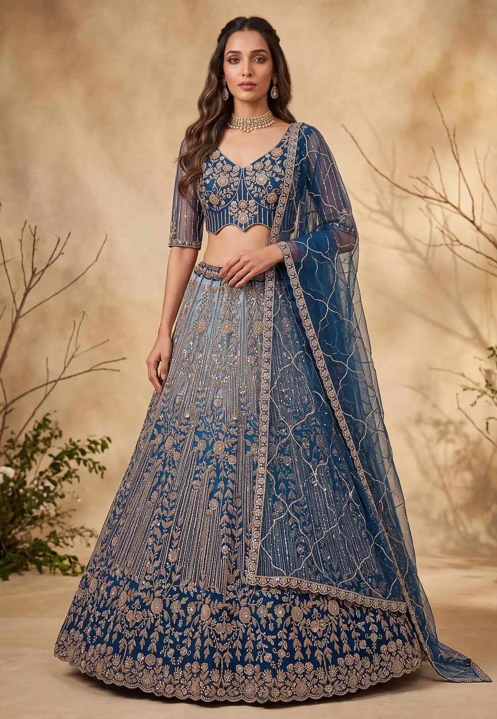 Blue Net Lehenga Choli For Wedding 335860