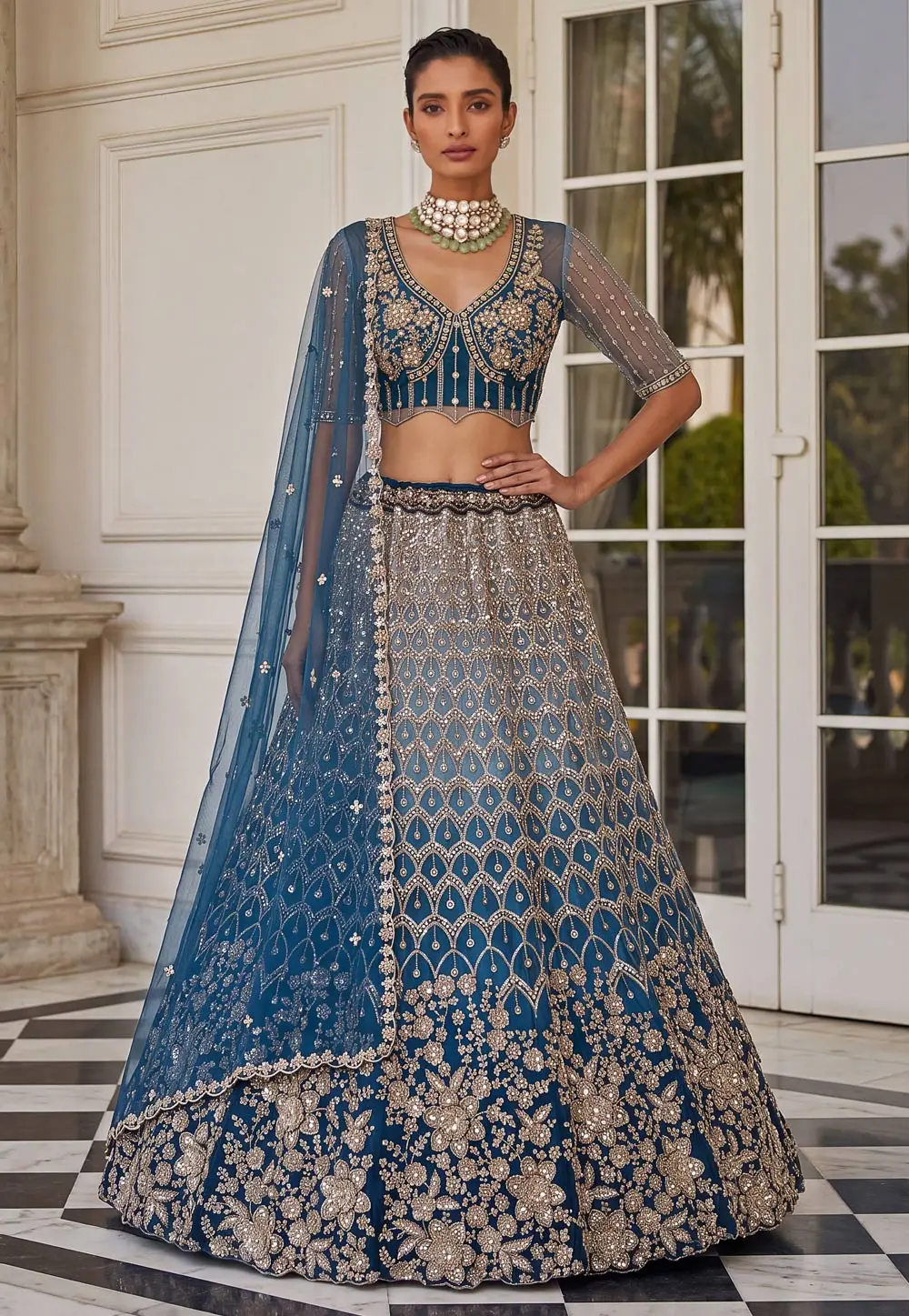 Blue Net Lehenga Choli For Wedding 336107