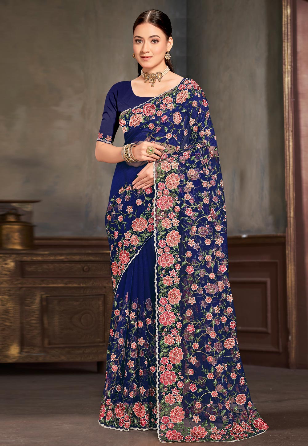 Blue Net Saree With Blouse 306760
